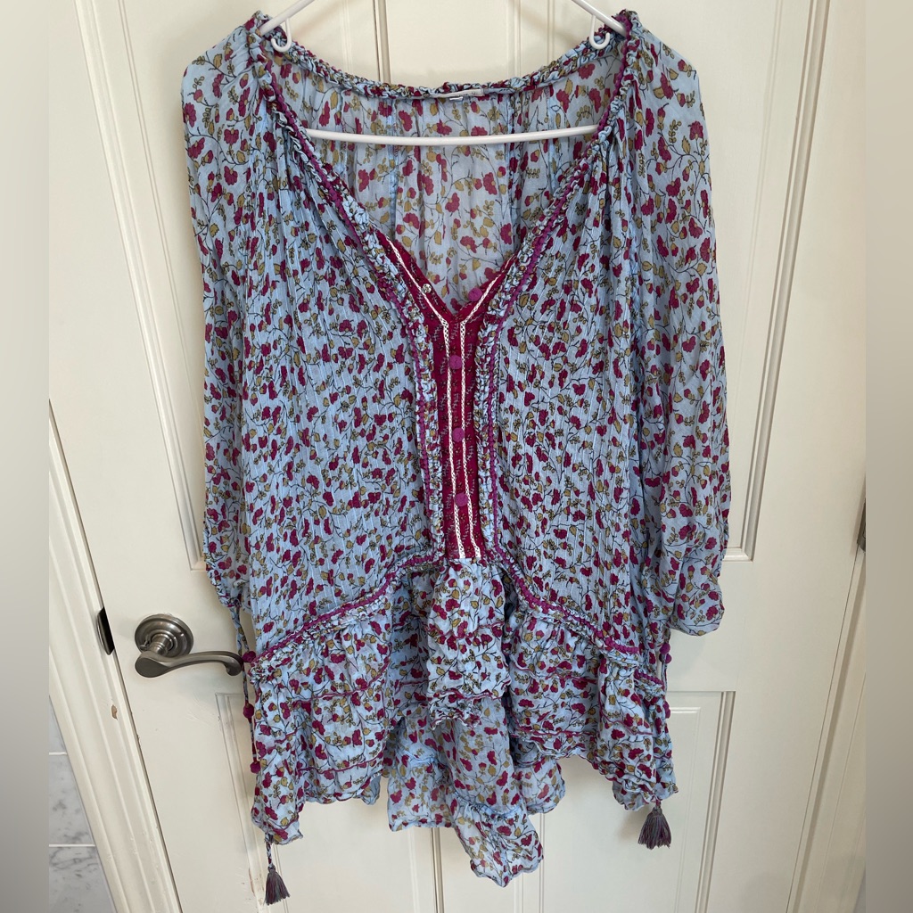 Poupette St. Barth Floral Blue Coverup Tunic With Tassels